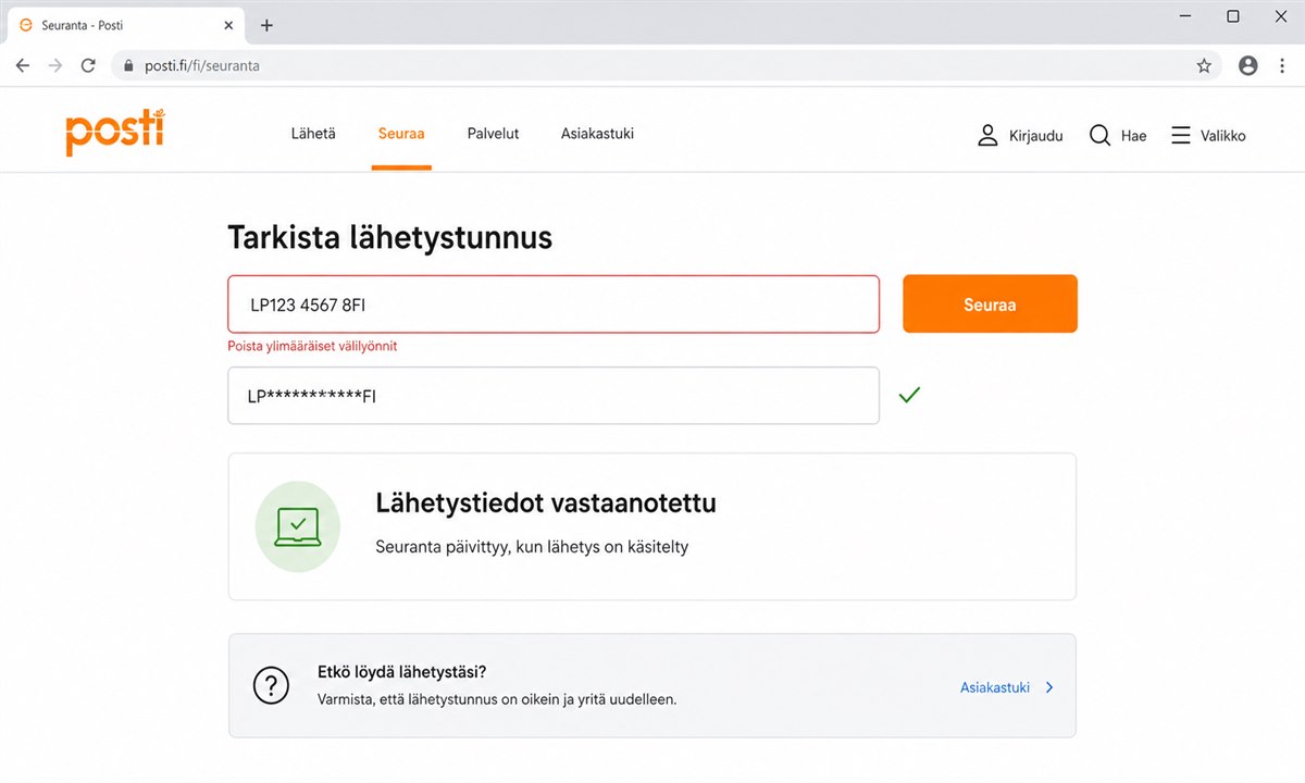 Seurantakoodin syöttäminen Postin seurantasivulle