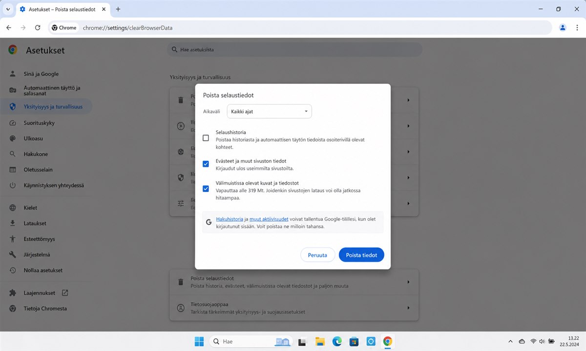 Selaimen välimuistin tyhjennys Chrome-selaimessa