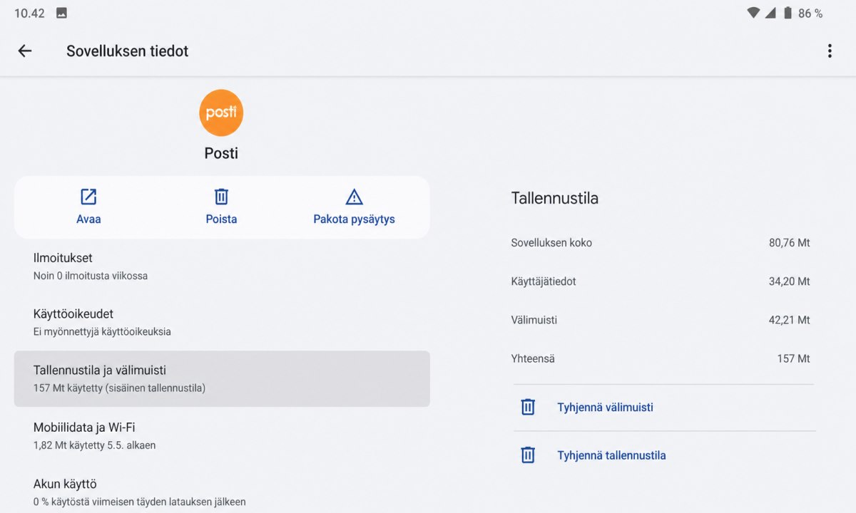 Posti-sovelluksen välimuistin tyhjentäminen Android-puhelimen asetuksista
