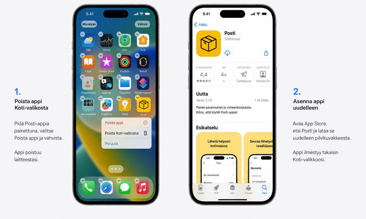 Posti-sovelluksen poistaminen ja uudelleenasentaminen iPhonella