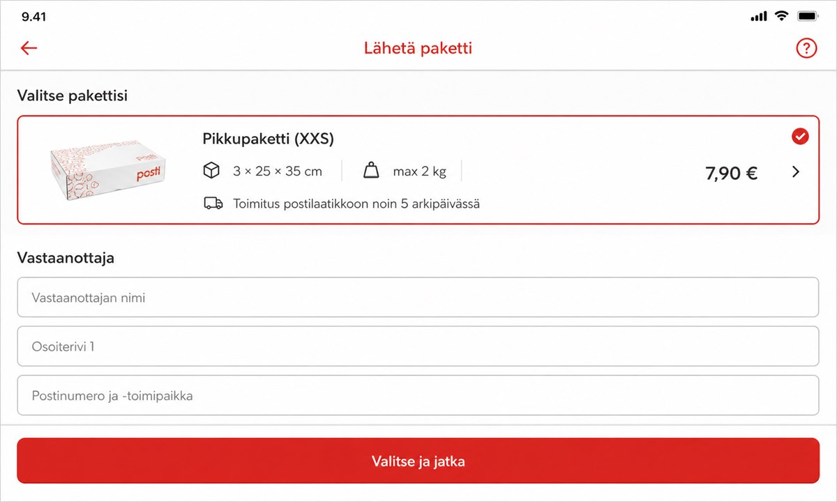 OmaPosti-sovellus, pakettikoon XXS valinta lähetyslomakkeella