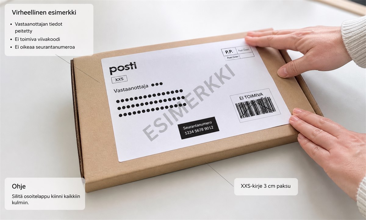 Postin lähetystarra tulostettuna ja kiinnitettynä pakettiin