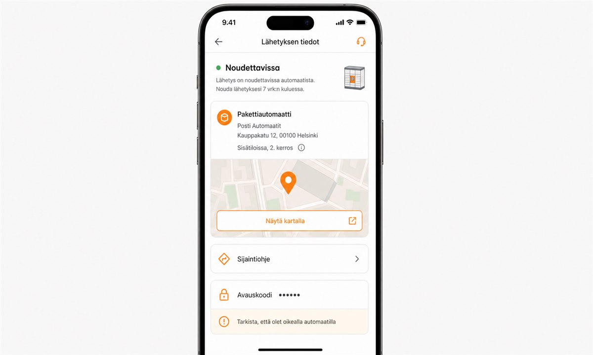 OmaPosti-sovellus näyttää pakettiautomaatin sijainnin kartalla