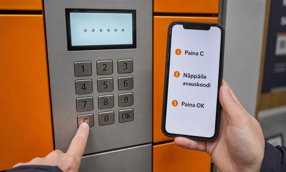 Pakettiautomaatin kosketusnäyttö, johon syötetään noutokoodia
