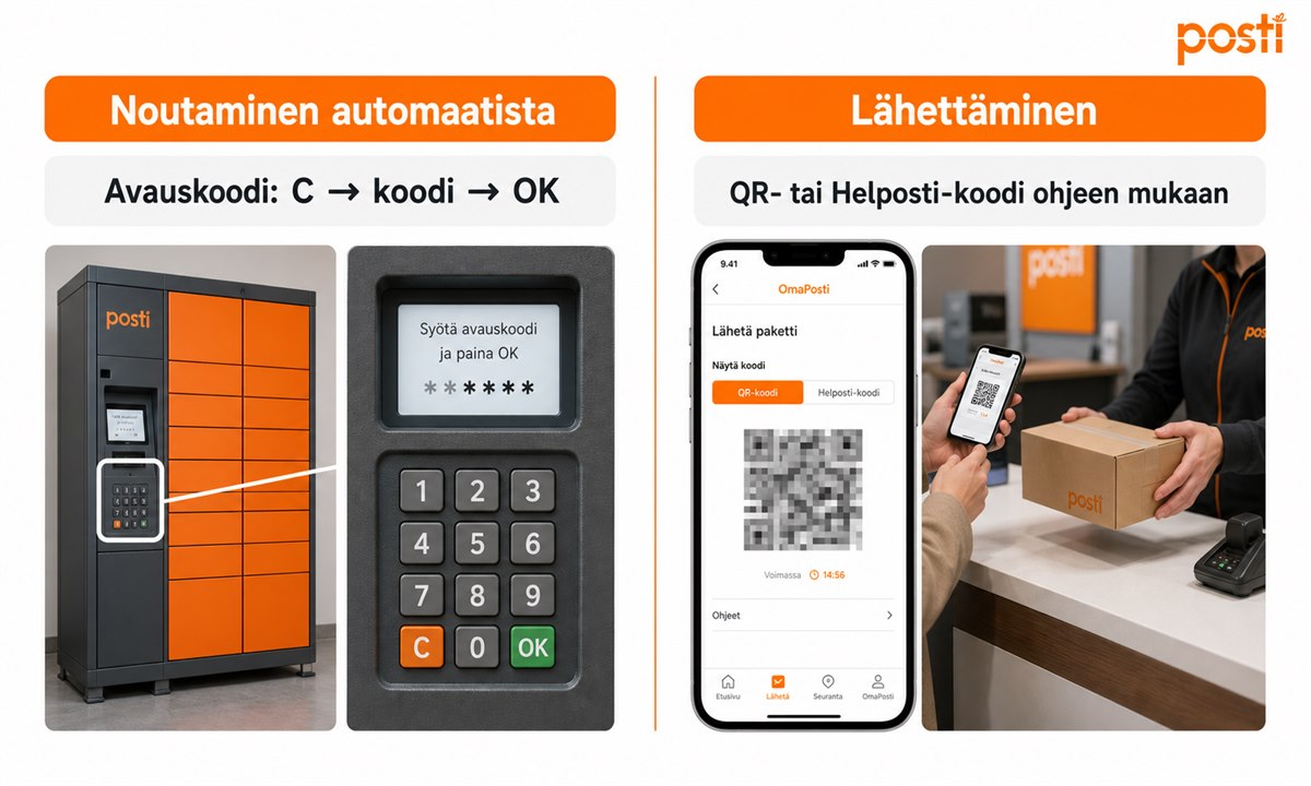 Älypuhelin QR-koodin kanssa pakettiautomaatin lukijalla
