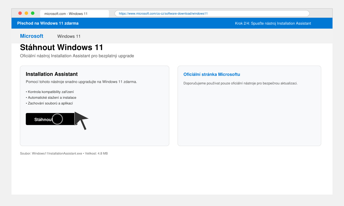 Spouštění Installation Assistant pro přechod na Windows 11 zdarma