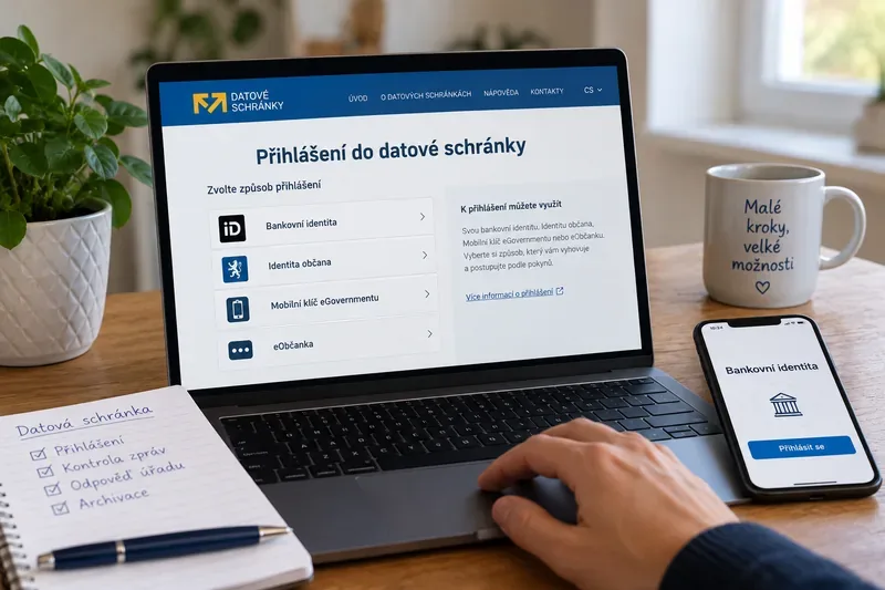 Notebook s volbou přihlášení do datové schránky a telefon připravený pro potvrzení bankovní identity