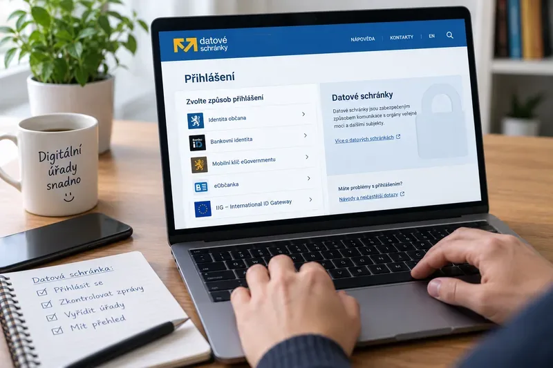 Uživatel u notebooku na přihlašovací stránce datových schránek s volbou Identity občana a telefonem vedle počítače