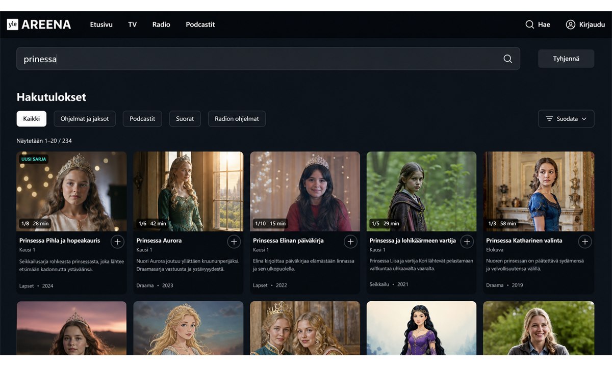 Prinsessa-haku Yle Areenassa ja hakutulokset