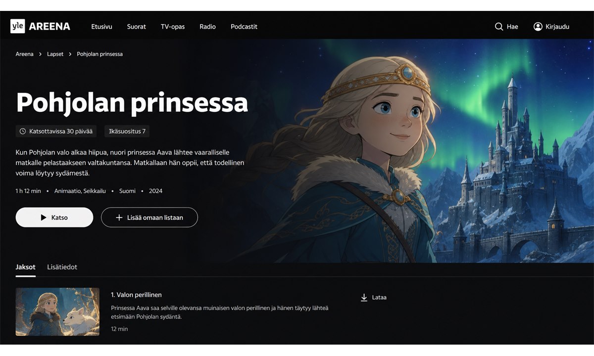 Prinsessaelokuvan tietosivu Yle Areenassa – saatavuus ja ikäsuositus