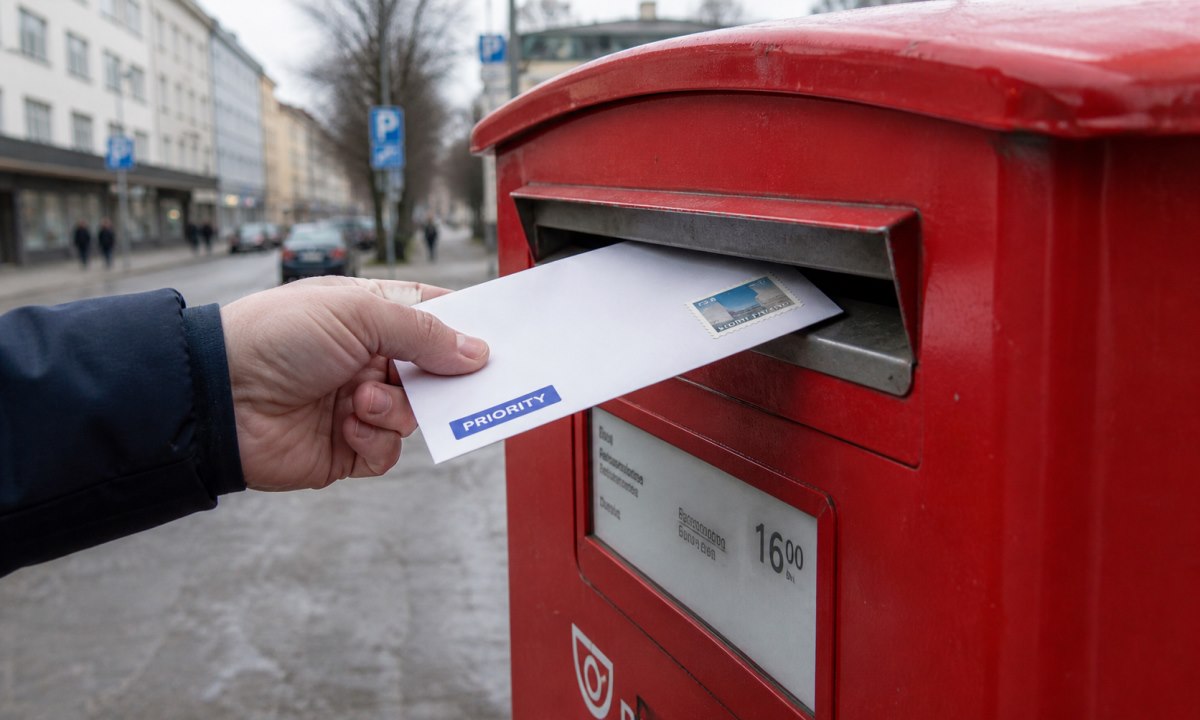Kirjeen pudottaminen Postin punaiseen postilaatikkoon