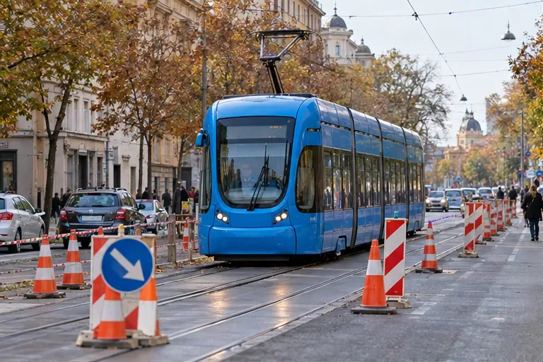 Plavi niskopodni tramvaj prolazi gradskom ulicom uz privremene prometne čunjeve.