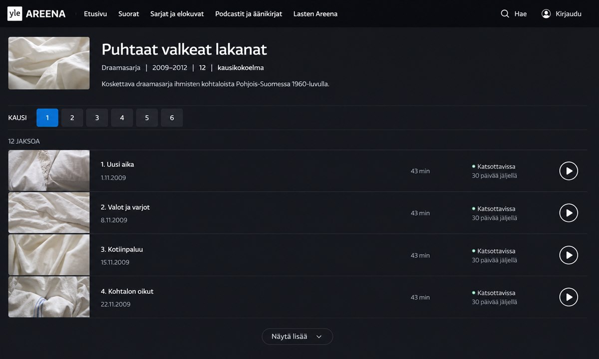 Puhtaat valkeat lakanat jaksoluettelo Yle Areenassa