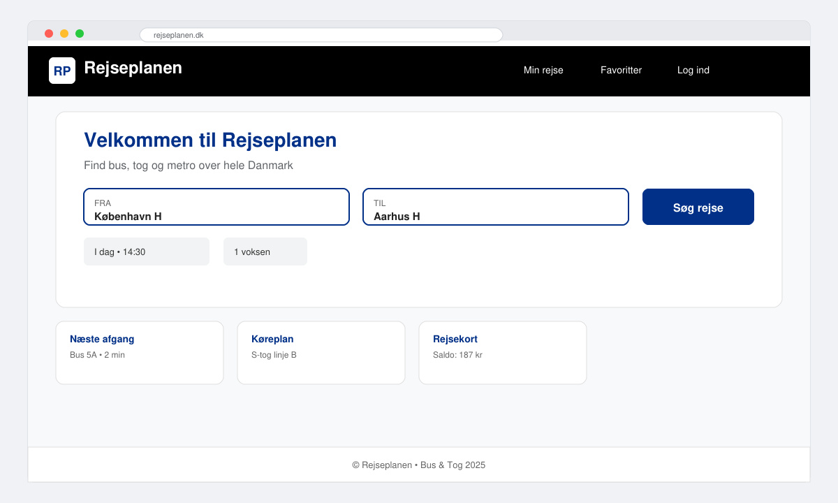 Rejseplanen app startside med søgefelt til bus og tog
