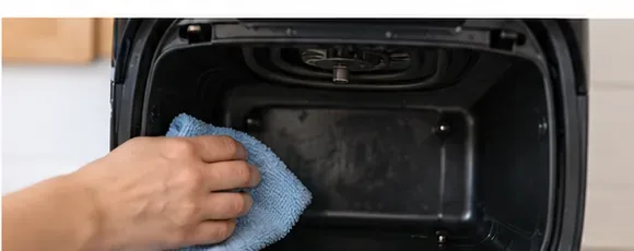 Innsiden av en airfryer tørkes forsiktig med en myk blå mikrofiberklut