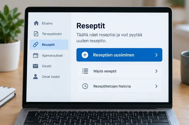 Havainnollinen OmaKanta-tyylinen reseptinäkymä, jossa Reseptit-osio ja Reseptien uusiminen -valinta ovat näkyvissä