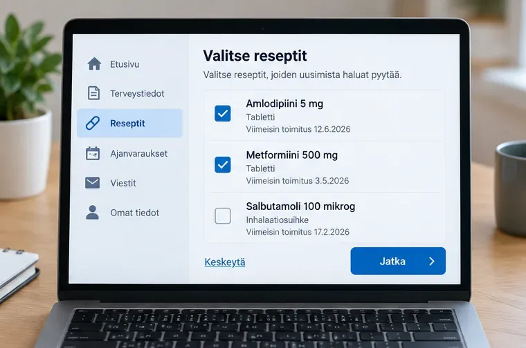 Havainnollinen reseptilista, jossa kaksi lääkettä on valittu uusimispyyntöön ja Jatka-painike näkyy alareunassa