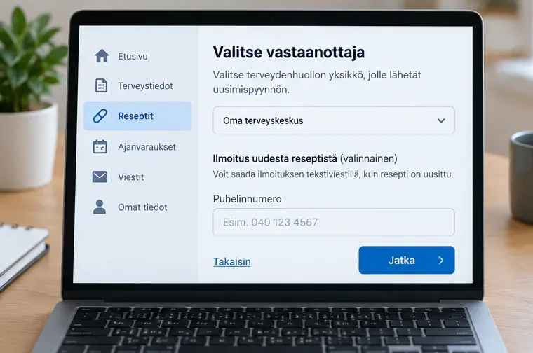 Havainnollinen näkymä, jossa valitaan uusimispyynnön vastaanottava terveydenhuollon yksikkö ja annetaan haluttaessa puhelinnumero tekstiviestiä varten