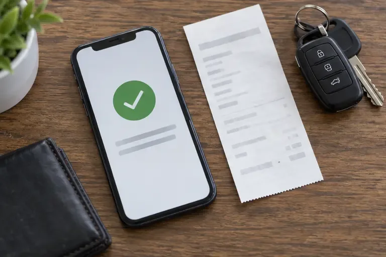 Telefon, nyugta és autókulcs egy asztalon a vásárlási bizonylat megőrzéséhez