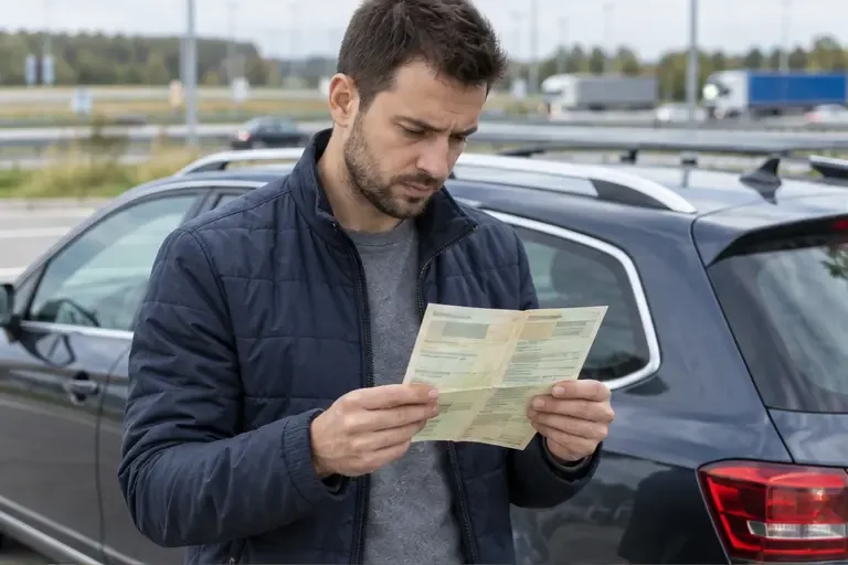 Autó mellett álló sofőr a forgalmi engedély adatait ellenőrzi