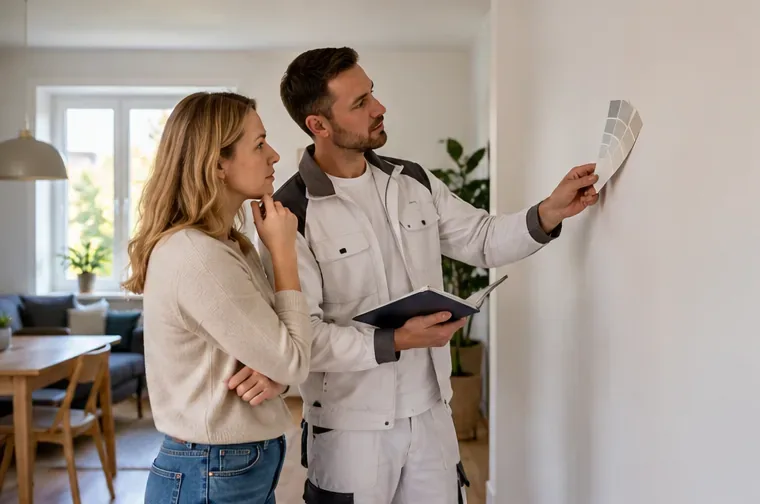 En bostadsägare och en målare diskuterar färgval framför en vägg i ett ljust vardagsrum