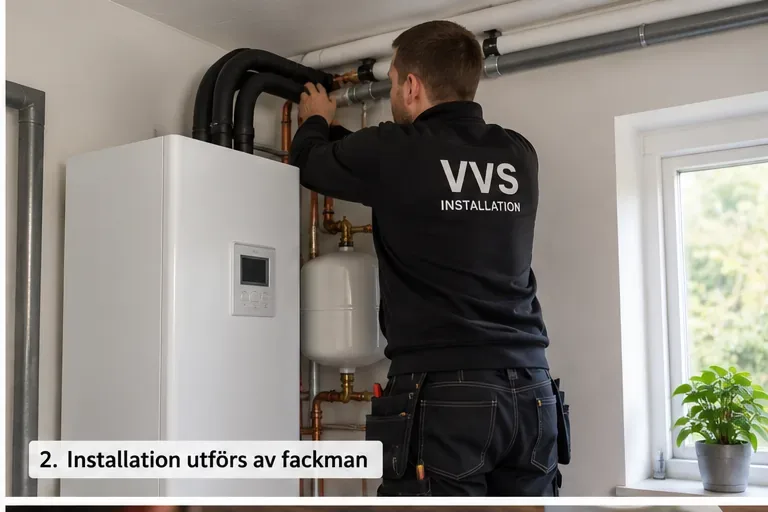 En VVS-installatör arbetar med röranslutningar till ett värmesystem inomhus
