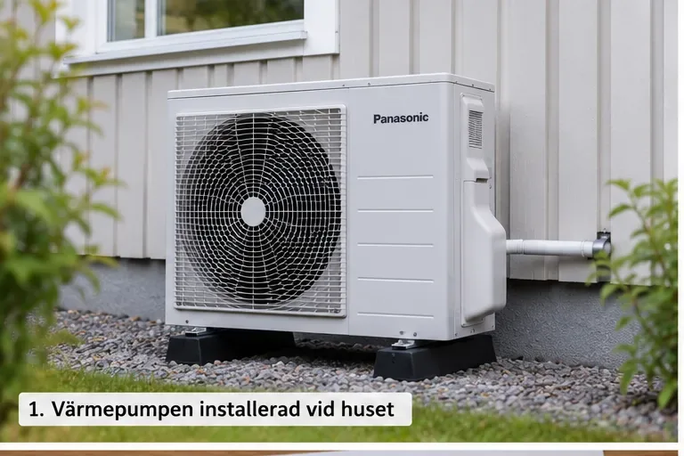Utomhusdelen till en värmepump monterad intill fasaden på ett småhus