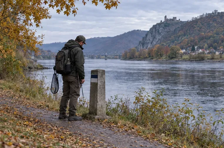 Rybář stojí na podzimní stezce u řeky vedle kamenného hraničního sloupku