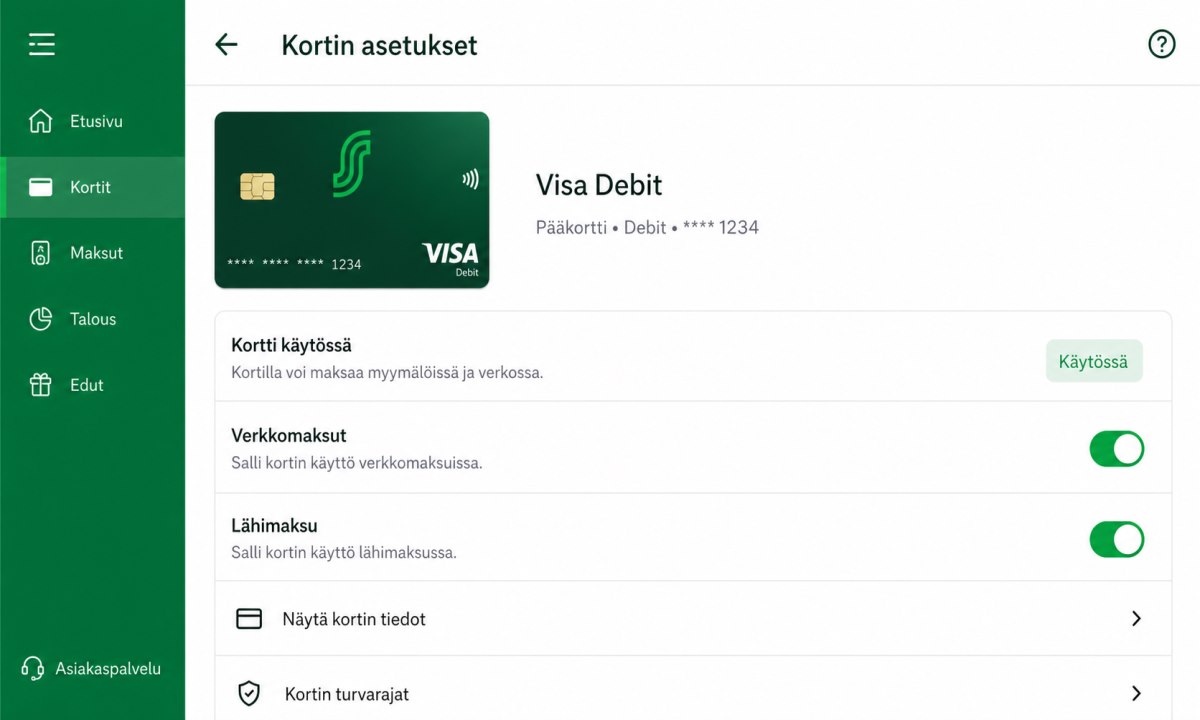 S-Pankki-sovellus korttiasetukset, verkkomaksut käytössä