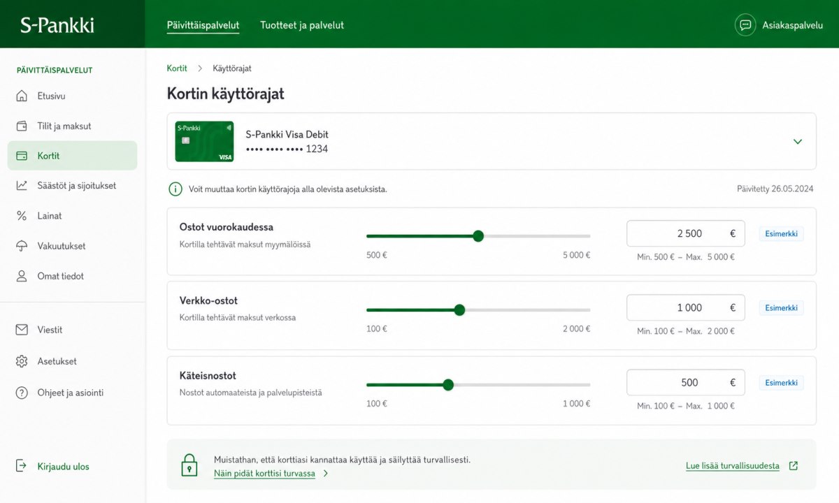 S-Pankin verkkopankki kortin käyttörajat -näkymä