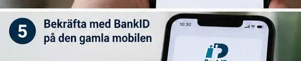 En mobil med BankID hålls i handen under ett bekräftelsemoment på den gamla telefonen