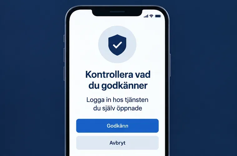 En mobilskärm visar texten Kontrollera vad du godkänner och Logga in hos tjänsten du själv öppnade, med valen Godkänn och Avbryt.