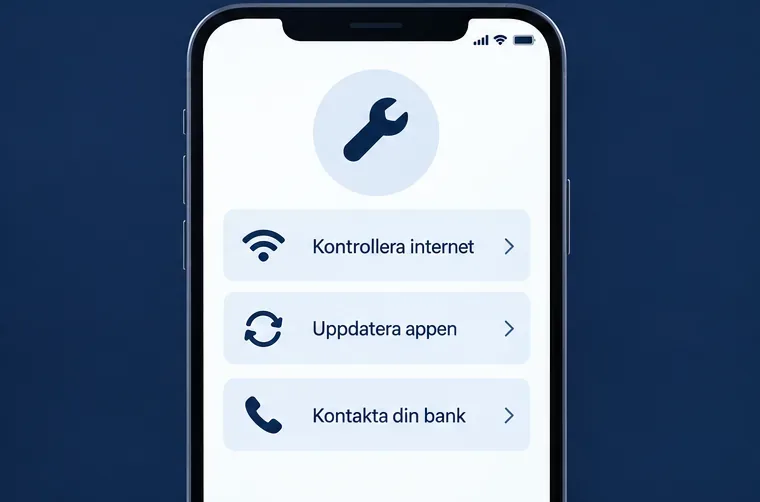 En mobilskärm visar tre felsökningsval: Kontrollera internet, Uppdatera appen och Kontakta din bank.