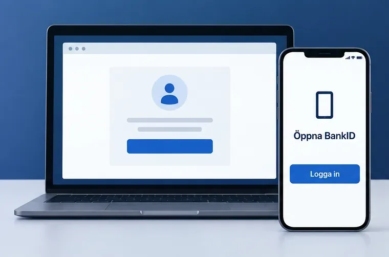 En bärbar dator visar en inloggningssida och en mobiltelefon visar Öppna BankID och Logga in.