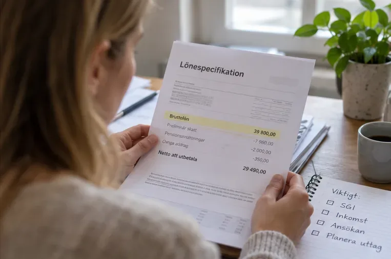 En förälder går igenom en lönespecifikation och en checklista med SGI, inkomst och ansökan.