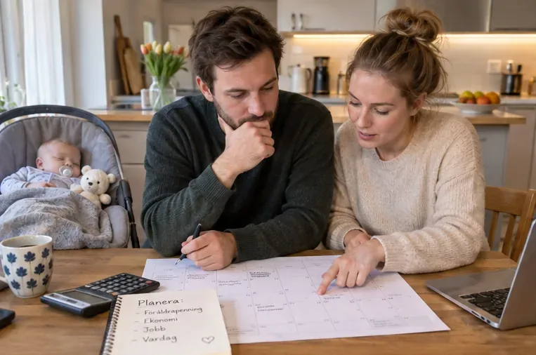 Två föräldrar planerar föräldraledigheten vid köksbordet medan deras spädbarn vilar bredvid.
