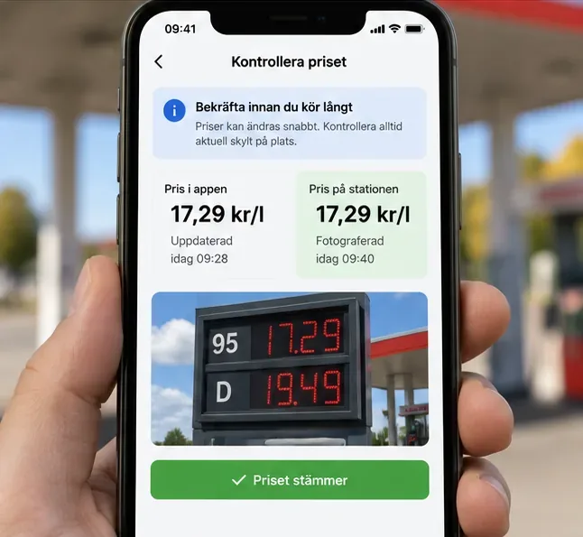 Mobilvy som jämför ett pris i appen med priset på en bensinstations skylt för en sista kontroll
