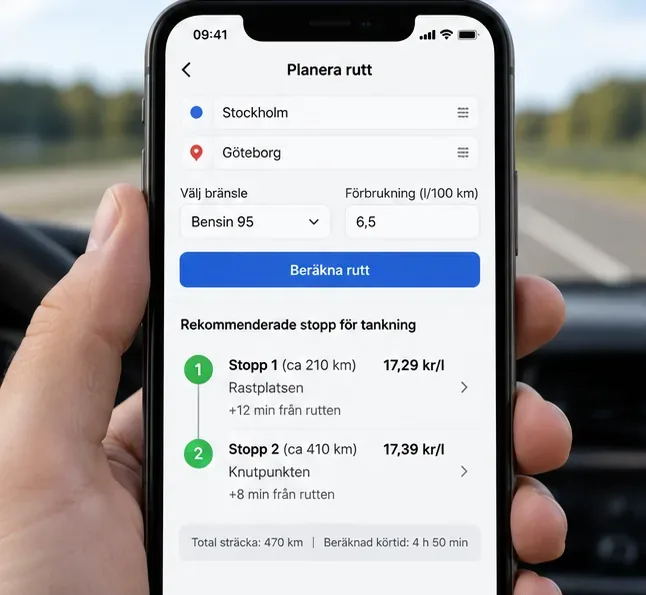 Mobilvy med ruttplanering mellan Stockholm och Göteborg och två föreslagna tankstopp längs vägen