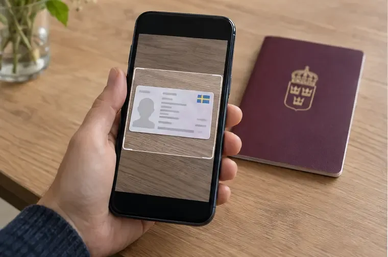Mobil som hålls framför ett svenskt pass och ett id-kort vid en id-kontroll
