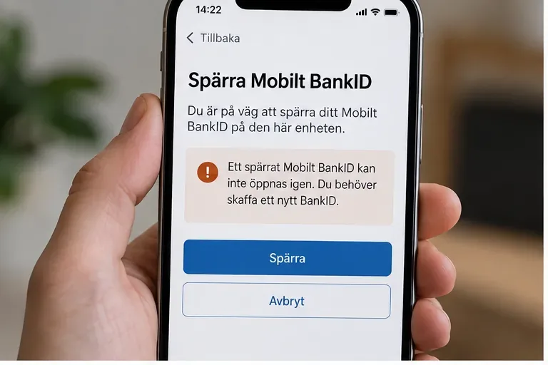Illustrerad bekräftelsevy för att spärra Mobilt BankID med tydlig varning och valen Spärra och Avbryt