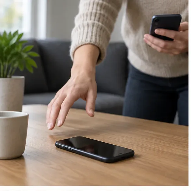 En person letar efter en mobiltelefon på ett bord, som illustration av en borttappad enhet med Mobilt BankID