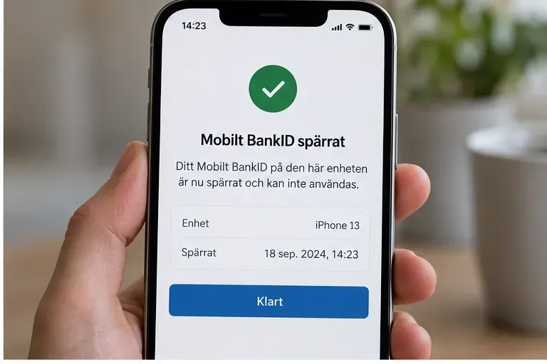 Illustrerad mobilvy som visar en bekräftelse på att Mobilt BankID är spärrat