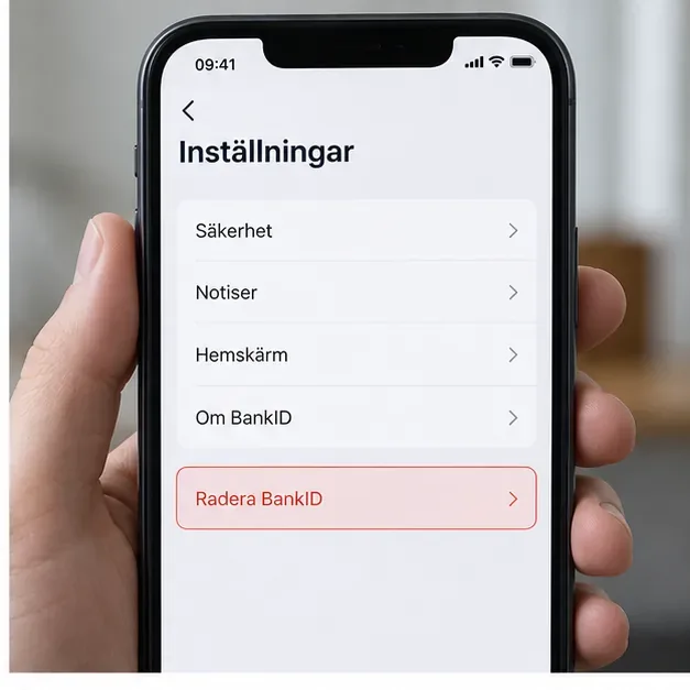 Illustrerad mobilvy med BankID-inställningar och alternativet Radera BankID markerat