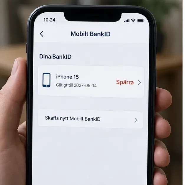 Illustrerad bankapp som visar ett aktivt Mobilt BankID och en knapp för att spärra det