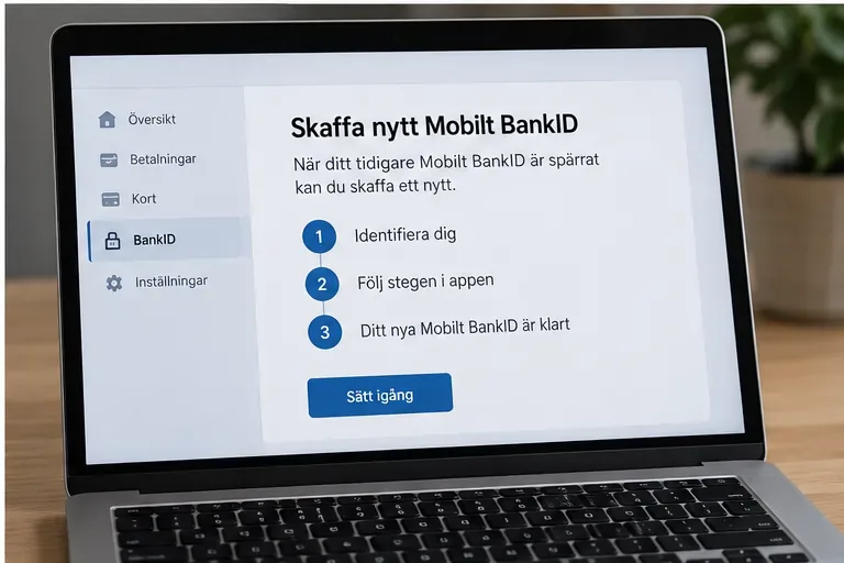 Illustrerad internetbank med en vägledning för att skaffa ett nytt Mobilt BankID efter spärrning