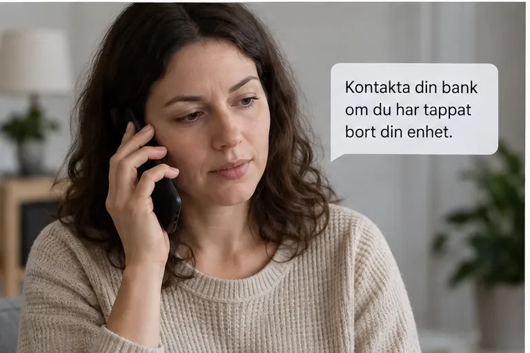 En person ringer sin bank för hjälp efter att ha förlorat en enhet med Mobilt BankID