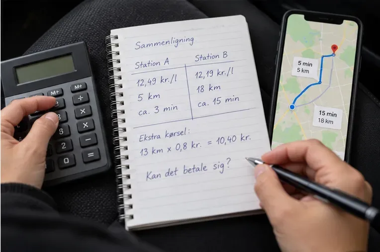 Notesbog, lommeregner og telefon med rute bruges til at sammenligne prisforskel og ekstra kørsel til to tankstationer