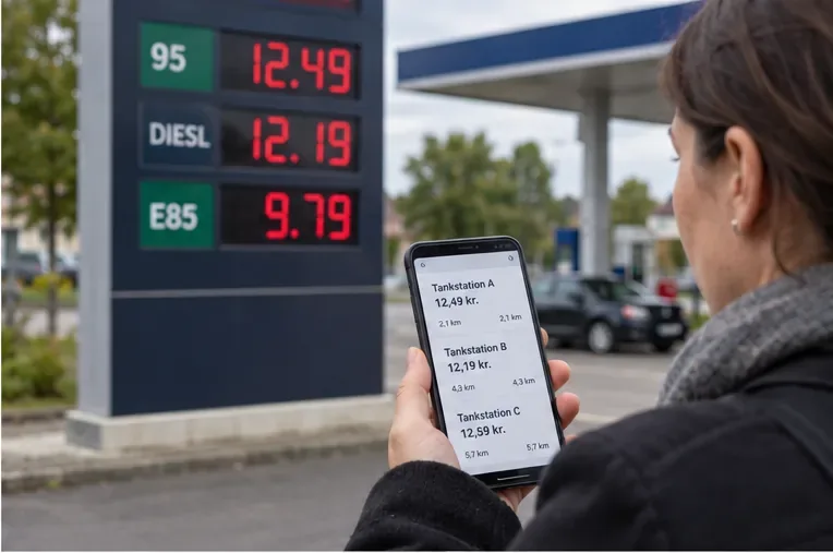 Bilist sammenligner flere brændstofpriser på telefonen ved siden af en prisstander på en tankstation