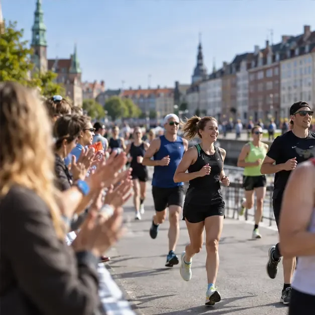Løbere passerer tilskuere på en afspærret bygade i København
