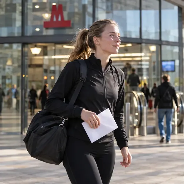 Løber med taske og dokumentkuvert ved et metro- og messeområde i København